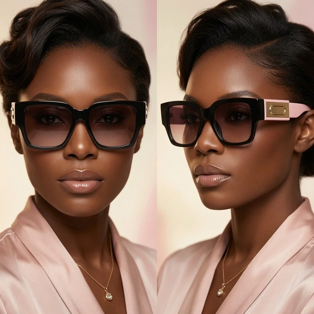 Black Pink Square Women Sunglasses Gradient Lenses Gold Logo Thick Frame Trendy
